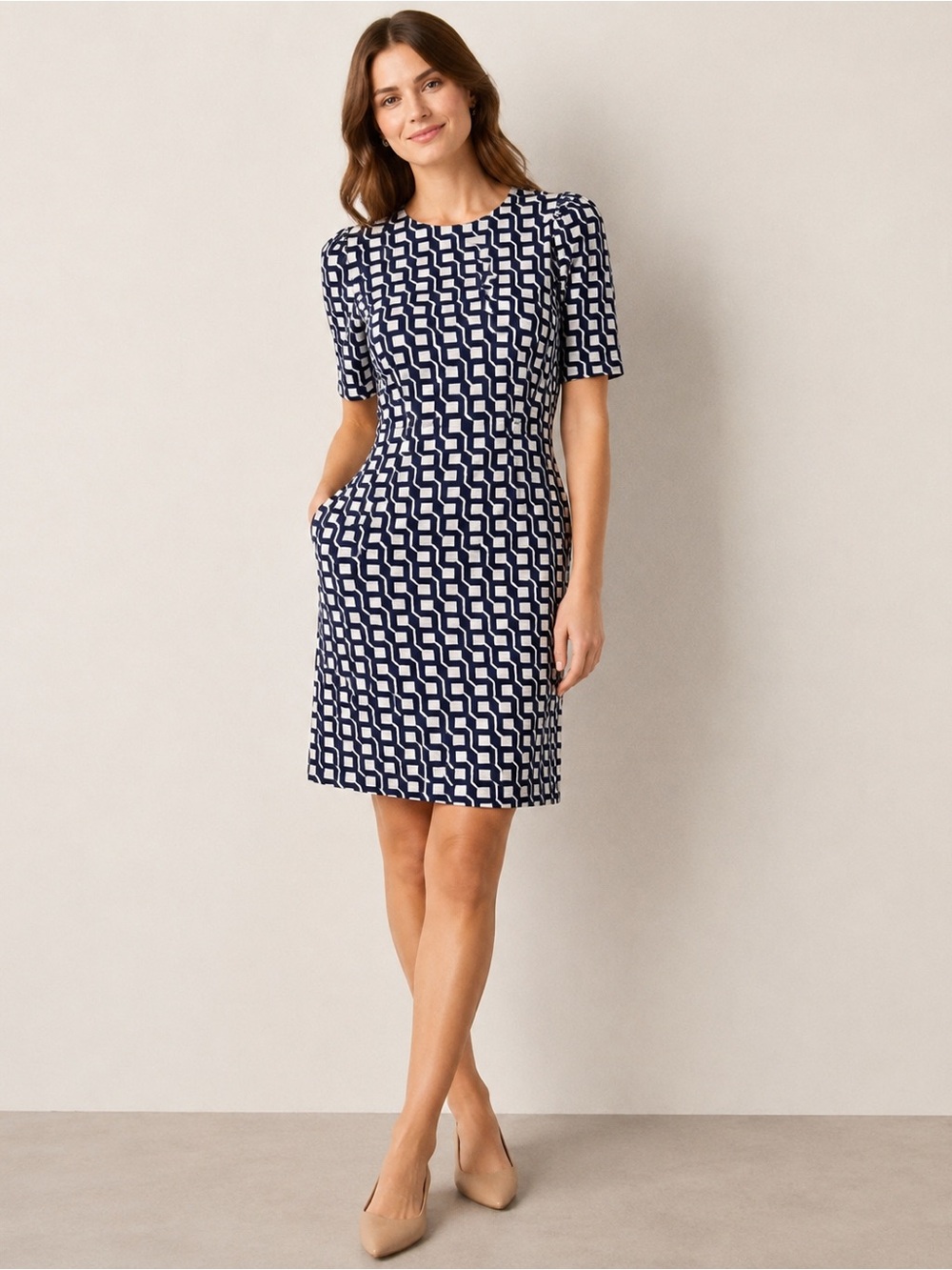 Boden Zoe Jersey Dress Navy White Geometric Print Size 10R EUC